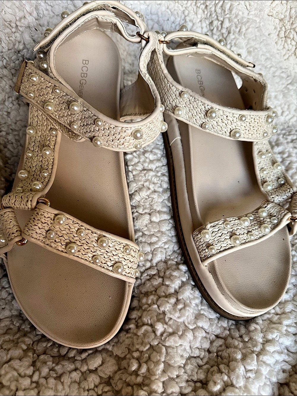 BCBGeneration Embellished Platform Sandals in Cream